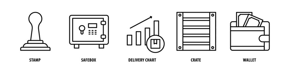 Set of Wallet, Crate, Delivery, Chart, Safe Box, Stamp icons, a collection of clean line icon illustrations with editable strokes for your projects