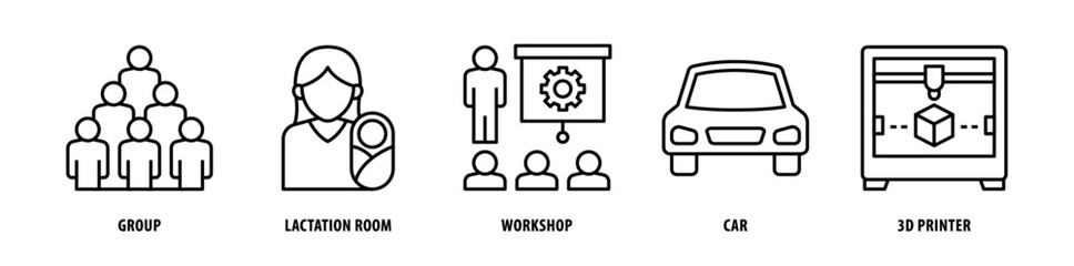 Set of 3D Printer, Car Workshop, Lactation Room, Group icons, a collection of clean line icon illustrations with editable strokes for your projects