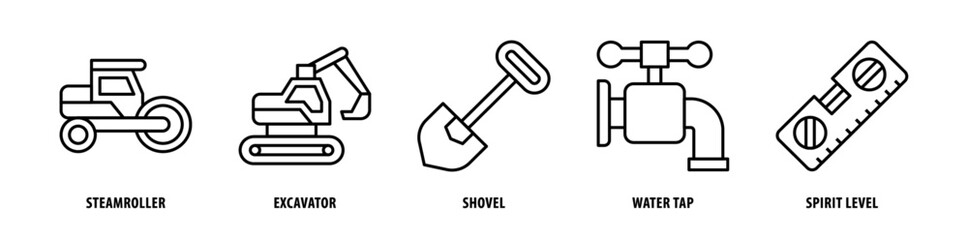 Set of Spirit Level, Water Tap, Shovel, Excavator, Steamroller icons, a collection of clean line icon illustrations with editable strokes for your projects