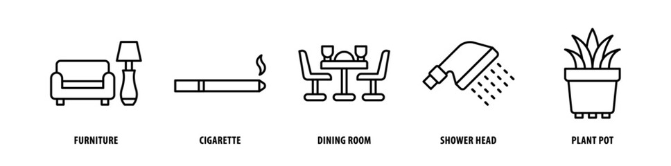 Set of Plant Pot, Shower Head, Dining Room, Cigarette, Furniture icons, a collection of clean line icon illustrations with editable strokes for your projects