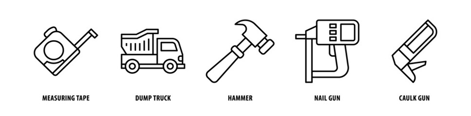 Set of Caulk Gun, Nail Gun, Hammer, Dump Truck, Measuring Tape icons, a collection of clean line icon illustrations with editable strokes for your projects