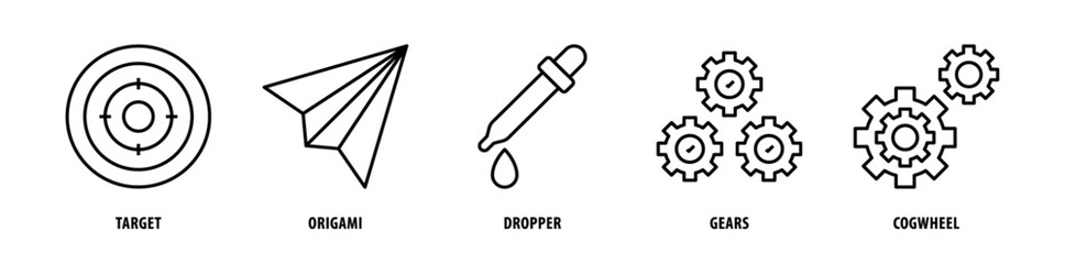 Set of Cogwheel, Gears, Dropper, Origami, Target icons, a collection of clean line icon illustrations with editable strokes for your projects
