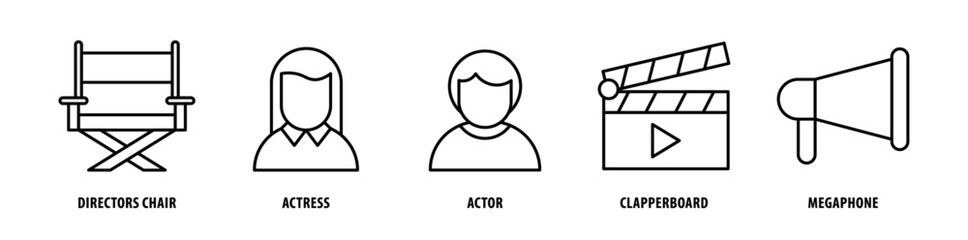Set of Megaphone, Clapperboard, Actor, Actress, Director'S Chair icons, a collection of clean line icon illustrations with editable strokes for your projects - obrazy, fototapety, plakaty