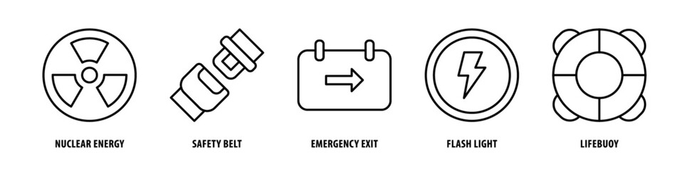 Set of Lifebuoy, Flashlight, Emergency Exit, Safety Belt, Nuclear Energy icons, a collection of clean line icon illustrations with editable strokes for your projects - obrazy, fototapety, plakaty