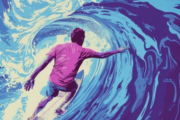 man in a pink top on a surfboard
