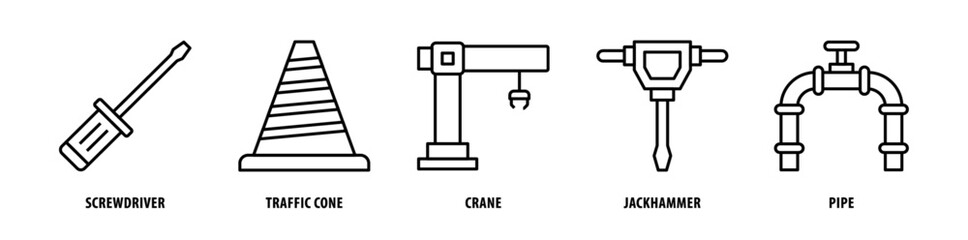 Set of Pipe, Jackhammer, Crane, Traffic Cone, Screwdriver icons, a collection of clean line icon illustrations with editable strokes for your projects
