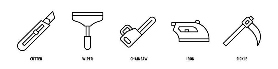 Set of Sickle, Iron, Chainsaw, Wiper, Cutter icons, a collection of clean line icon illustrations with editable strokes for your projects