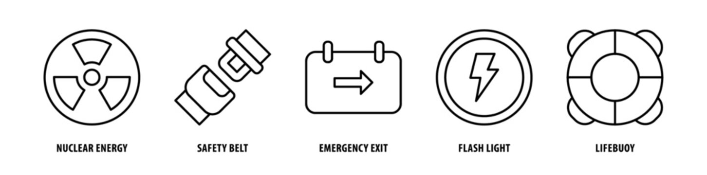 Set of Lifebuoy, Flashlight, Emergency Exit, Safety Belt, Nuclear Energy icons, a collection of clean line icon illustrations with editable strokes for your projects