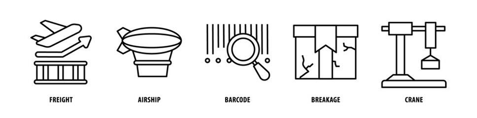 Set of Crane, Breakage, Barcode, Airship, Freight icons, a collection of clean line icon illustrations with editable strokes for your projects © Tiger