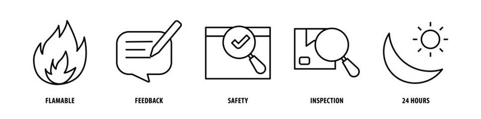 Set of 24 Hours, Inspection, Safety, Feedback, Flammable icons, a collection of clean line icon illustrations with editable strokes for your projects