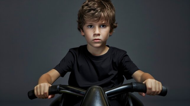 A boy in a black t-shirt, pretending to be a race car driver, mockup