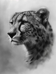 Head of a cheetah in grayscale illustration, closeup portrait, hand drawn style in pencil ultrarealistic digital drawing 