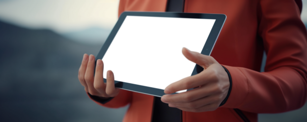 Product presentation. Promotion. Business man holding in hands tablet computer with blank screen