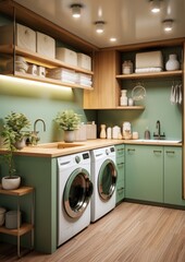 Beautiful modern laundry room, side by side washer and dryer. Green design. Generative AI.