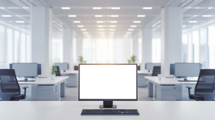 Blank computer screen on work desk in bright modern office