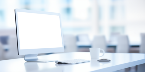 Computer display mock-up with empty screen in bright modern office