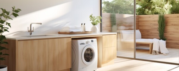 Beautiful modern laundry room, side by side washer and dryer. White design. Generative AI.
