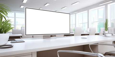 Blank Ultra wide computer screen on work desk in bright modern empty office