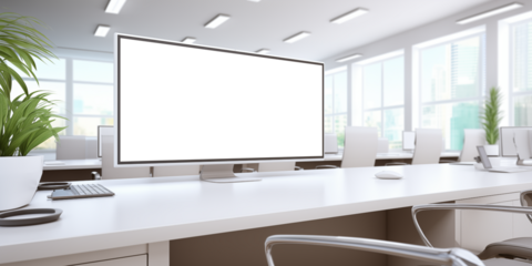 Blank Ultra wide computer screen on work desk in bright modern empty office