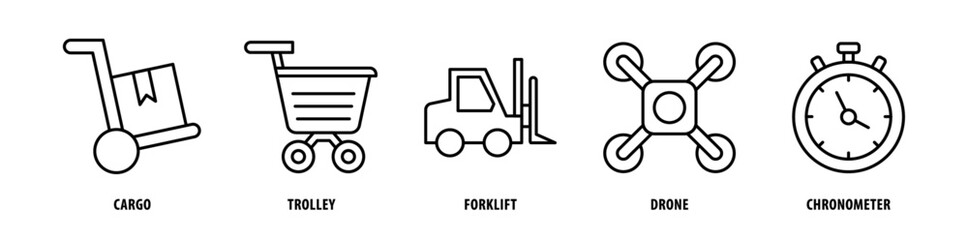Set of Chronometer, Drone, Forklift, Trolley, Cargo icons, a collection of clean line icon illustrations with editable strokes for your projects