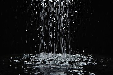 a water is falling from the sky, which is covered by a black background