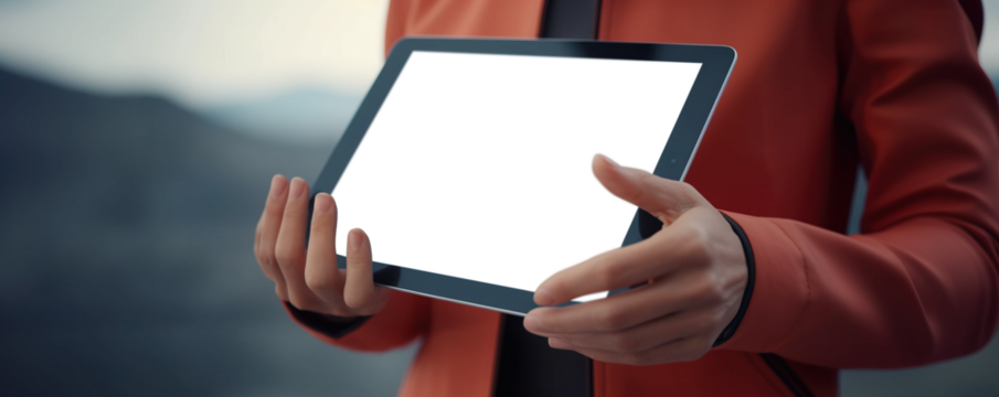 Product presentation. Promotion. Business man holding in hands tablet computer with blank screen