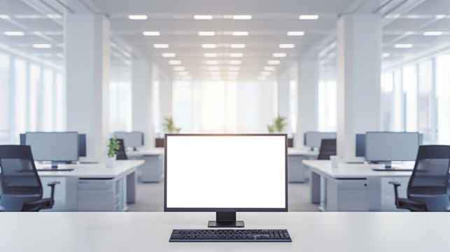 Blank computer screen on work desk in bright modern office - Powered by Adobe