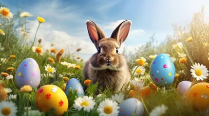 A cute Easter bunny in a meadow among blooming flowers and with colored eggs, a spring day during the Easter holidays.