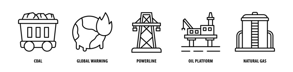 Set of Natural Gas, Oil Platform, Power Line, Global Warming, Coal icons, a collection of clean line icon illustrations with editable strokes for your projects