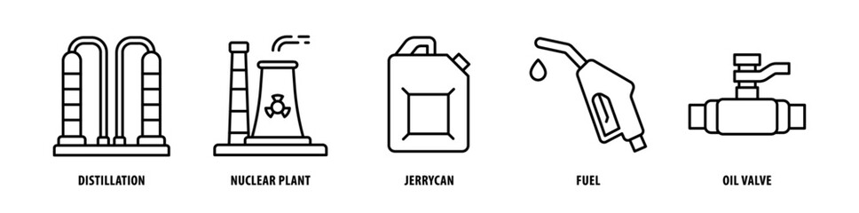 Set of Oil Valve, Fuel, Jerry Can, Nuclear Plant, Distillation icons, a collection of clean line icon illustrations with editable strokes for your projects