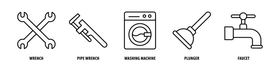 Set of Faucet, Plunger, Washing Machine, Pipe Wrench, Wrench icons, a collection of clean line icon illustrations with editable strokes for your projects