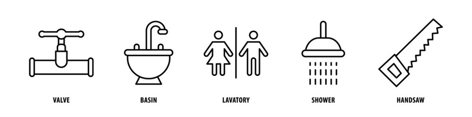 Set of Handsaw, Shower, Lavatory, Basin, Valve icons, a collection of clean line icon illustrations with editable strokes for your projects