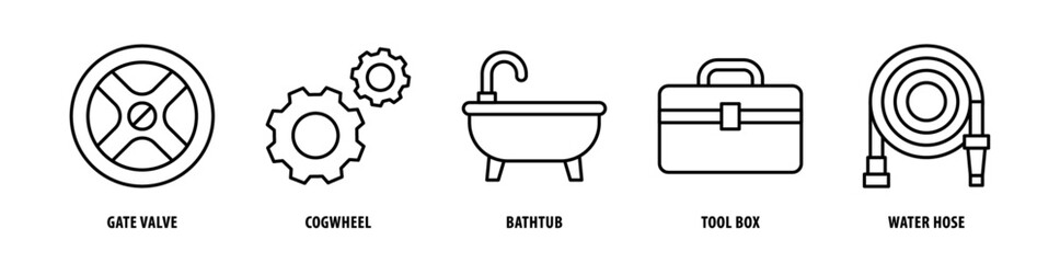 Set of Water Hose, Tool Box, Bathtub, Cogwheel, Gate Valve icons, a collection of clean line icon illustrations with editable strokes for your projects