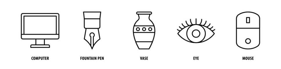 Set of Mouse, Eye, Vase, Fountain Pen, Computer icons, a collection of clean line icon illustrations with editable strokes for your projects