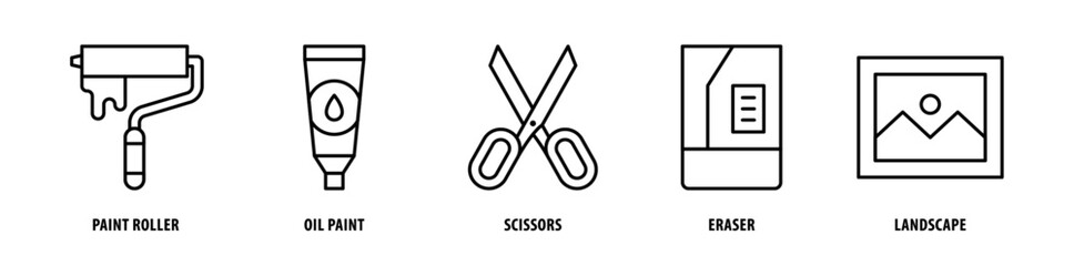 Set of Landscape, Eraser, Scissors, Oil Paint, Paint Roller icons, a collection of clean line icon illustrations with editable strokes for your projects