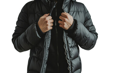 A man wear puffer jacket-black Isolated on transparent background.