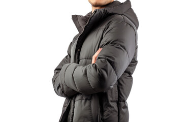 A man wear puffer jacket-gray Isolated on transparent background.