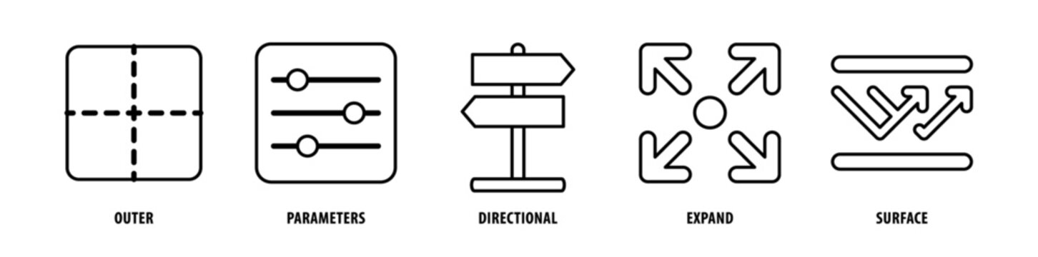 Set of Surface, Expand, Directional, Parameters, Outer icons, a collection of clean line icon illustrations with editable strokes for your projects