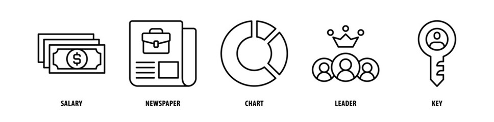 Fototapeta premium Set of Key, Leader, Chart, Newspapers, Salary icons, a collection of clean line icon illustrations with editable strokes for your projects