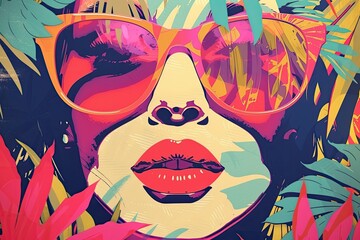 an art poster representing a girl in a and sunglasses