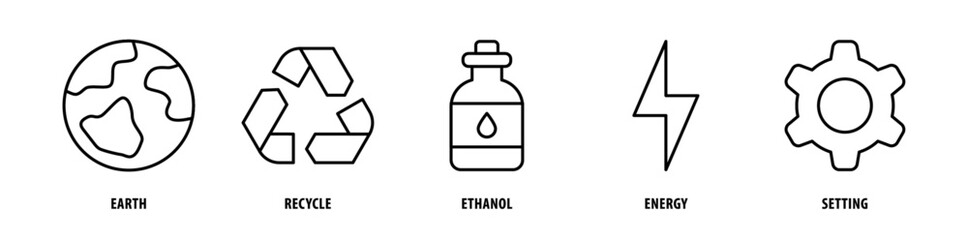 Set of Setting, Energy, Ethanol, Recycle, Earth icons, a collection of clean line icon illustrations with editable strokes for your projects