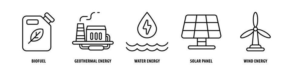 Set of Wind Energy, Solar Panel, Water Energy, Geothermal Energy, Biofuel icons, a collection of clean line icon illustrations with editable strokes for your projects