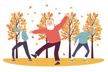 an elderly man stretching while taking a walk with his friends