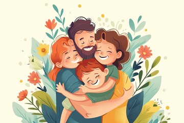 animated family hugs hugging cartoon - obrazy, fototapety, plakaty