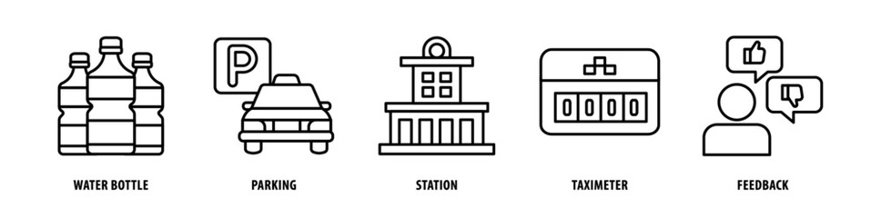 Set of Feedback, Taximeter, Station, Parking, Water Bottle icons, a collection of clean line icon illustrations with editable strokes for your projects
