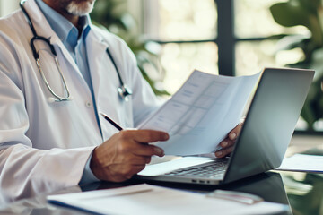 applicant seated with papers at laptop