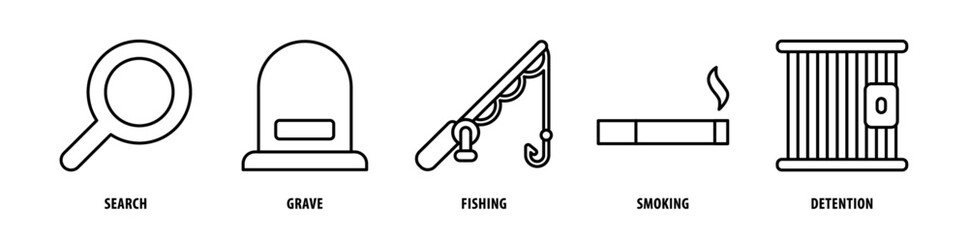 Set of Detention, Smoking, Fishing, Grave, Search icons, a collection of clean line icon illustrations with editable strokes for your projects