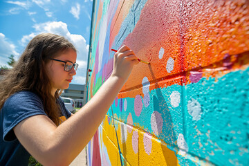 Naklejka premium Young Artist Painting Colorful Mural