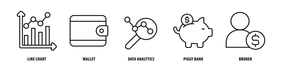 Set of Broker, Piggy Bank, Data Analytics, Wallet, Line Chart icons, a collection of clean line icon illustrations with editable strokes for your projects