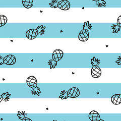 Seamless pattern with black doodle pineapples and blue stripes.